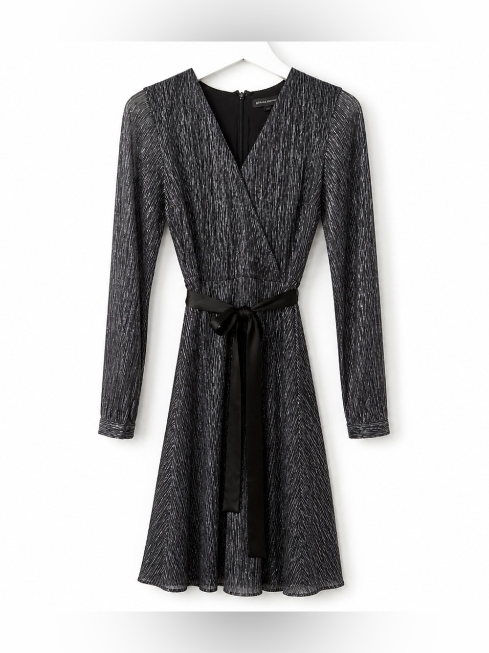 Banana Republic Metallic Pleated Wrap Dress Black Silver Tie Waist XS